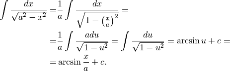 \int \frac{dx}{\sqrt{a^2-x^2}}=&
\frac{1}{a}\int\frac{dx}{\sqrt{1-\left(\frac{x}{a} \right)^2}}=\\
=&\frac{1}{a}\int\frac{adu}{\sqrt{1-u^2}}=\int\frac{du}{\sqrt{1-u^2}}=\arcsin u+c=\\
=&\arcsin\frac{x}{a}+c.