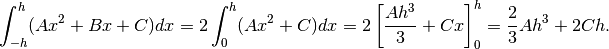 \int_{-h}^{h}(Ax^2+Bx+C)dx= 2 \int_0^{h}(Ax^2+C)dx
=2\left[\frac{Ah^3}{3}+Cx\right]_0^h=\frac{2}{3}Ah^3+2Ch.