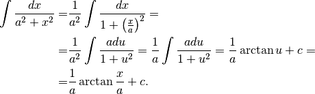 \int \frac{dx}{a^2+x^2}=&\frac{1}{a^2}\int \frac{dx}{1+\left (\frac{x}{a}\right)^2}=\\
=&\frac{1}{a^2}\int \frac{adu}{1+u^2}=\frac{1}{a}\int \frac{adu}{1+u^2}=
\frac{1}{a}\arctan u + c=\\
=&\frac{1}{a}\arctan\frac{x}{a}+c.