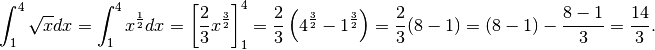 \int_1^4\sqrt{x}dx=\int_1^4 x^{\frac{1}{2}}dx=\left[\frac{2}{3}x^{\frac{3}{2}} \right]_1^4=
\frac{2}{3}\left(4^{\frac{3}{2}}-1^{\frac{3}{2}} \right)= \frac{2}{3}(8-1)=
(8-1)-\frac{8-1}{3}=\frac{14}{3}.