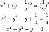 x^2 + (y - \frac{1}{2})^2 = (\frac{1}{2})^2

x^2 + y^2  - y + \frac{1}{4} = \frac{1}{4}

x^2 + y^2  - y =0