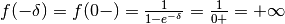 f(-\delta)=f(0-)=\frac{1}{1-e^{-\delta}}=\frac{1}{0+}=+\infty